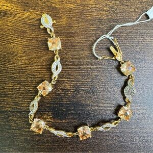 Champagne Crystal Bracelet Cushion Cut Diamond Accents Two Tone New 7.25”